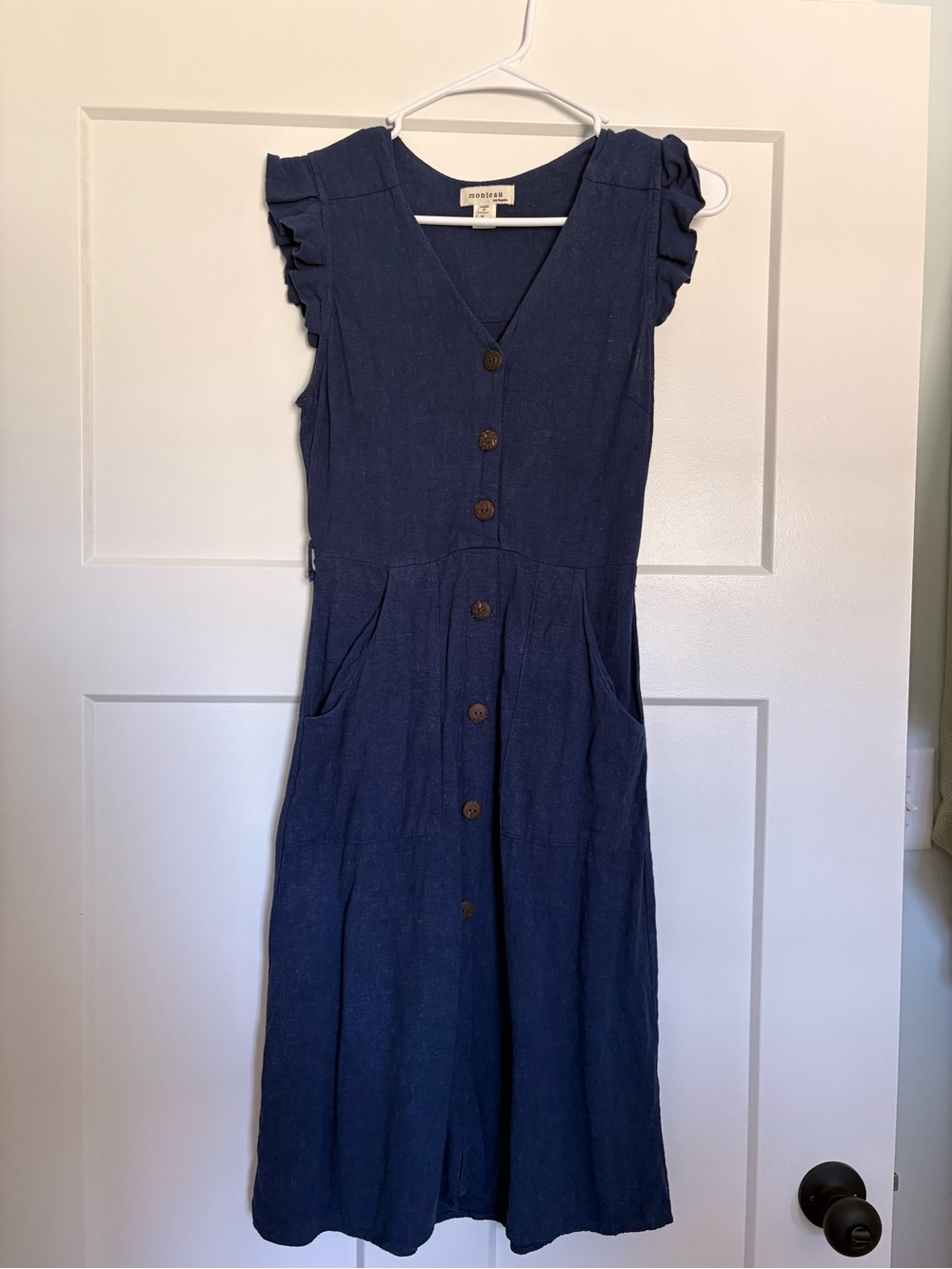 Monteau Navy Button-Front Midi Dress with Ruffle Sleeves